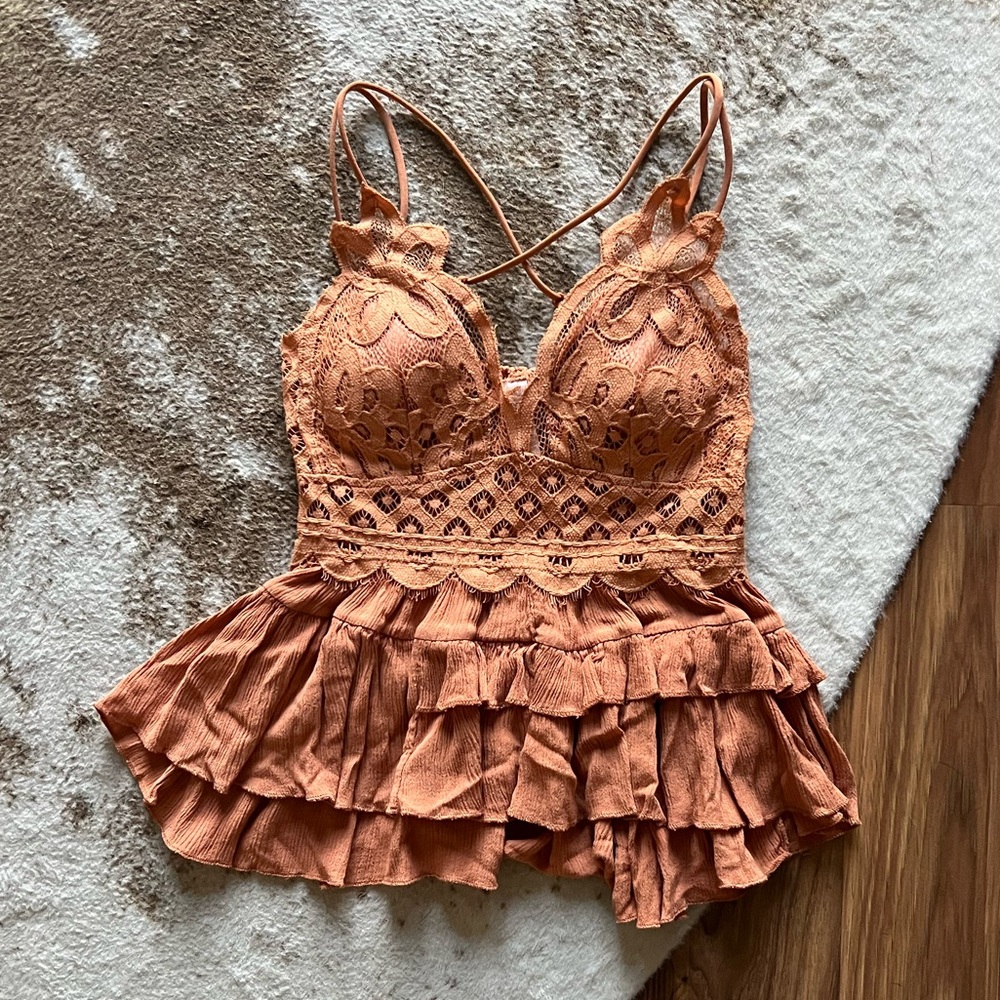 Zenana burnt orange lace padded bralette babydoll tank top